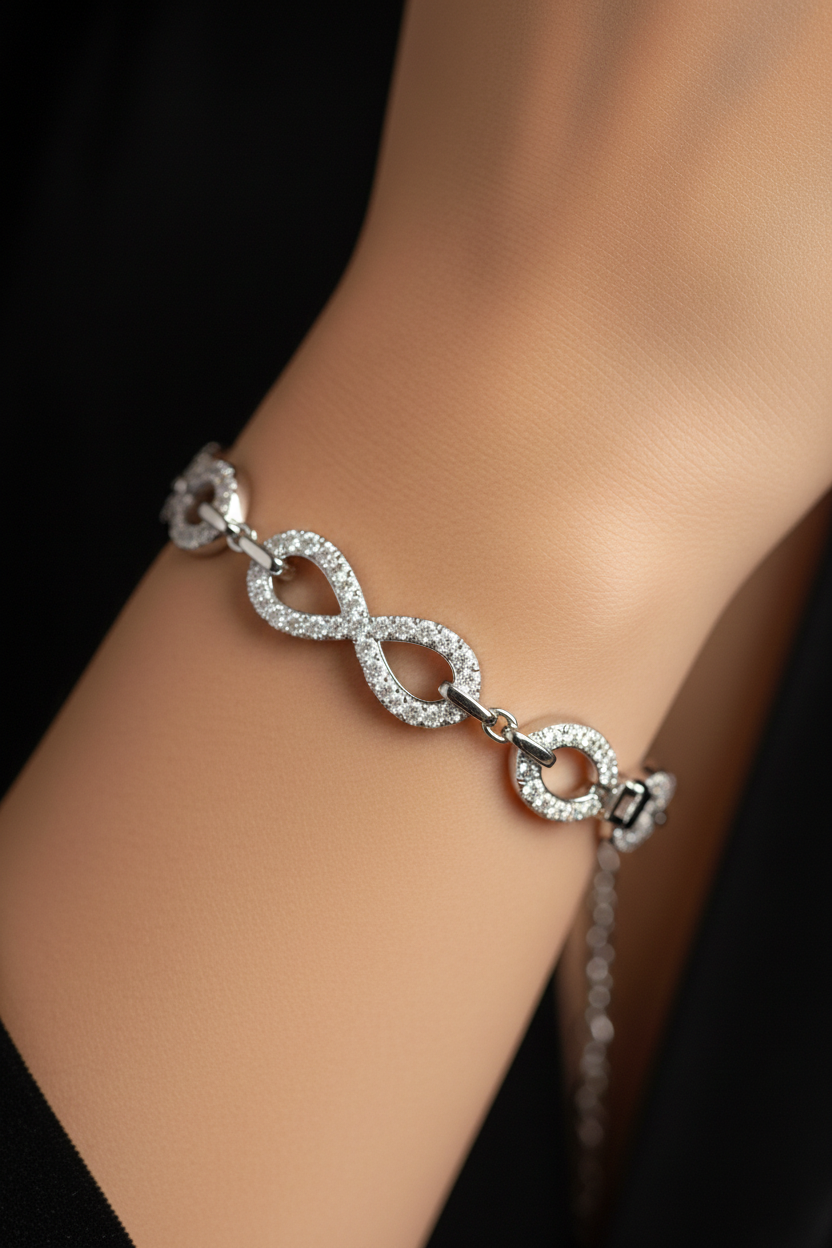 Infinity Link American Diamond Bracelet in Rhodium-Plated Sterling Silver-Saleh Sallom