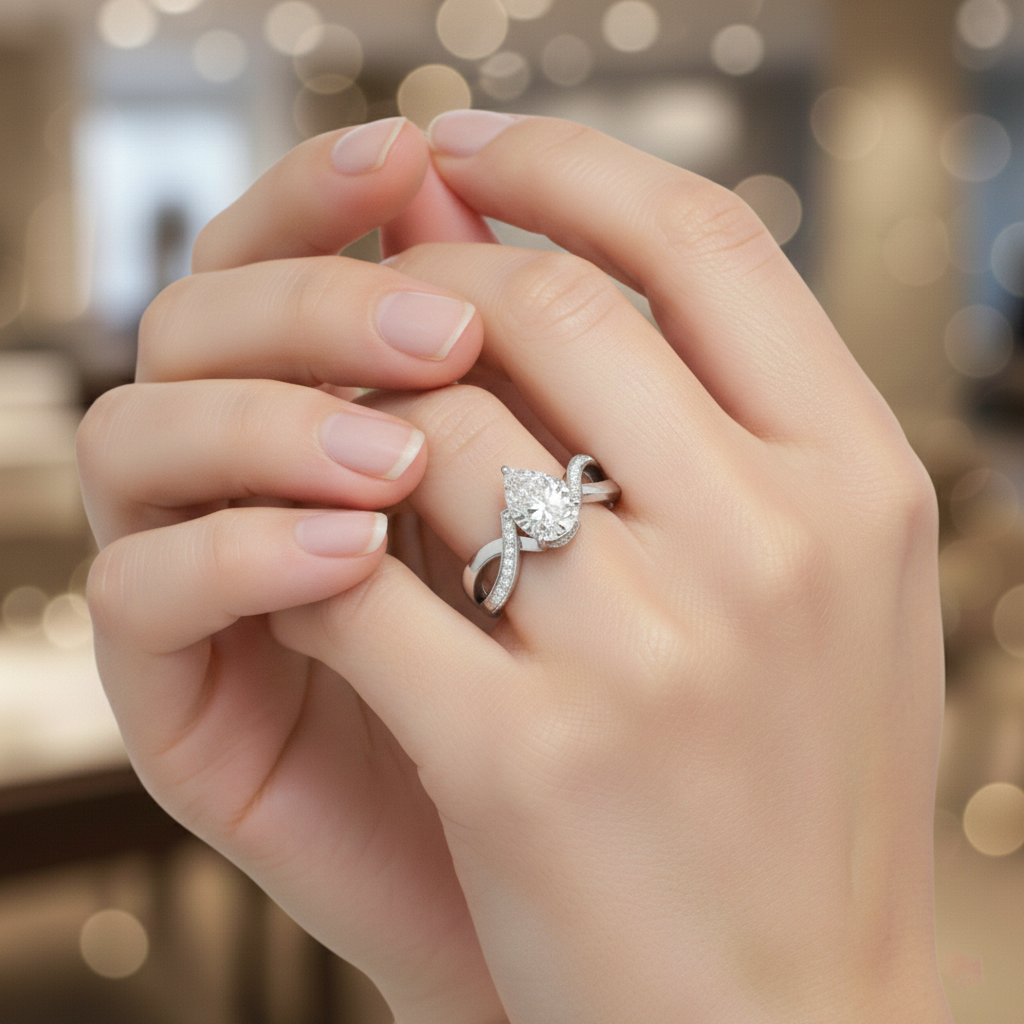 Pear-Shaped Lab-Created Diamond Twist Ring in 14K White Gold-Saleh Sallom