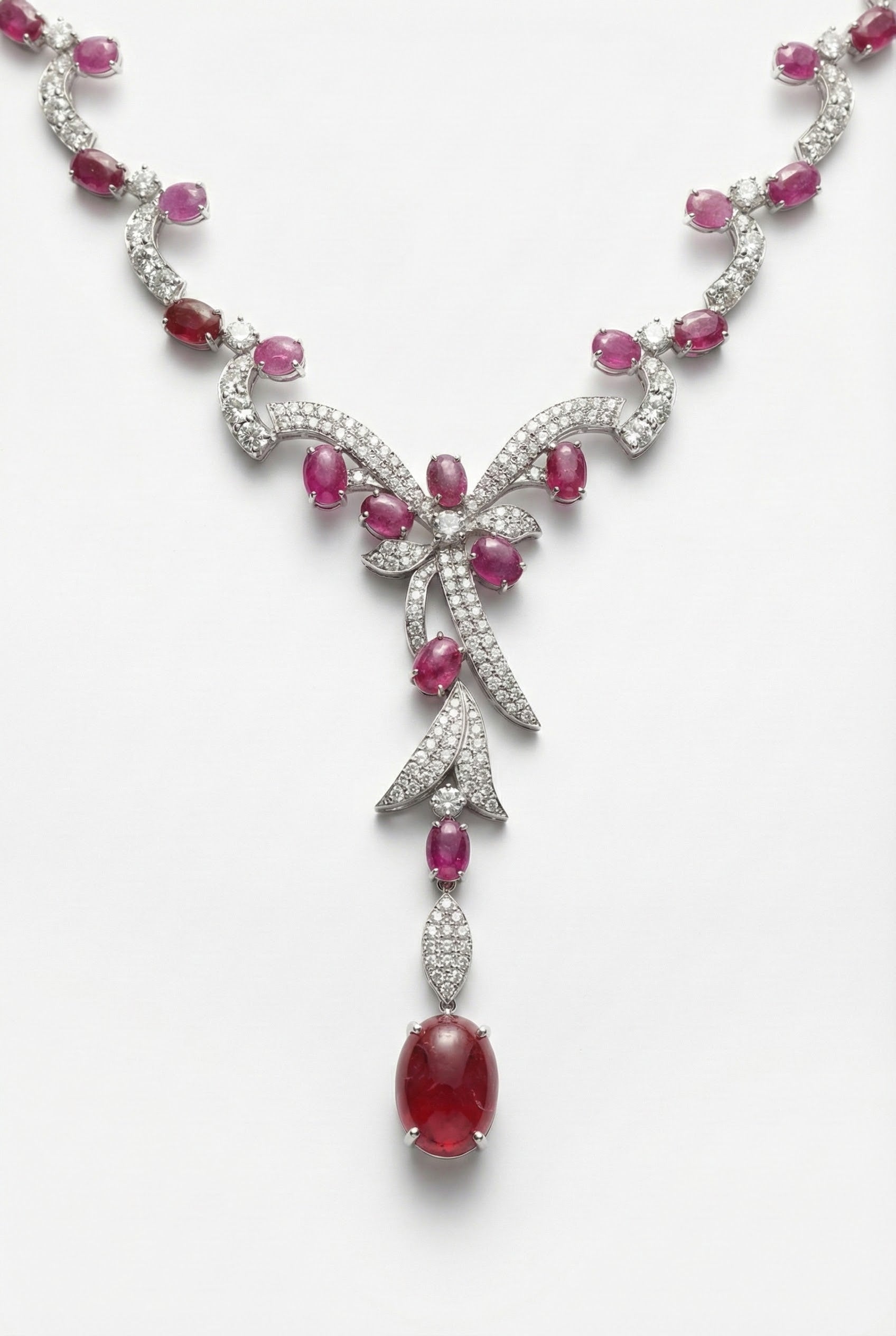 Ruby & Diamond Floral Drop Necklace in 18K White Gold-Saleh Sallom Main image