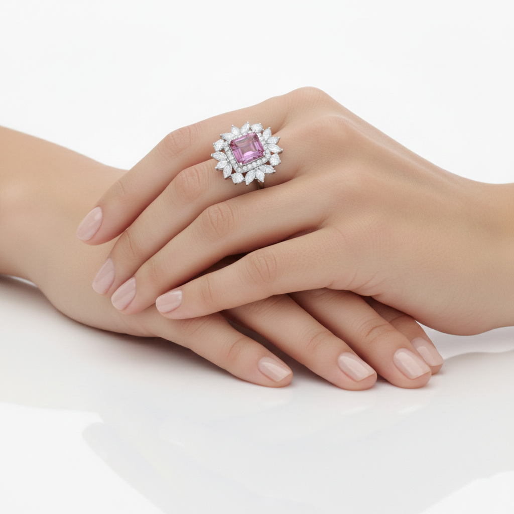 Pink Sapphire & Diamond Floral Halo Ring in 18K White Gold-Saleh Sallom