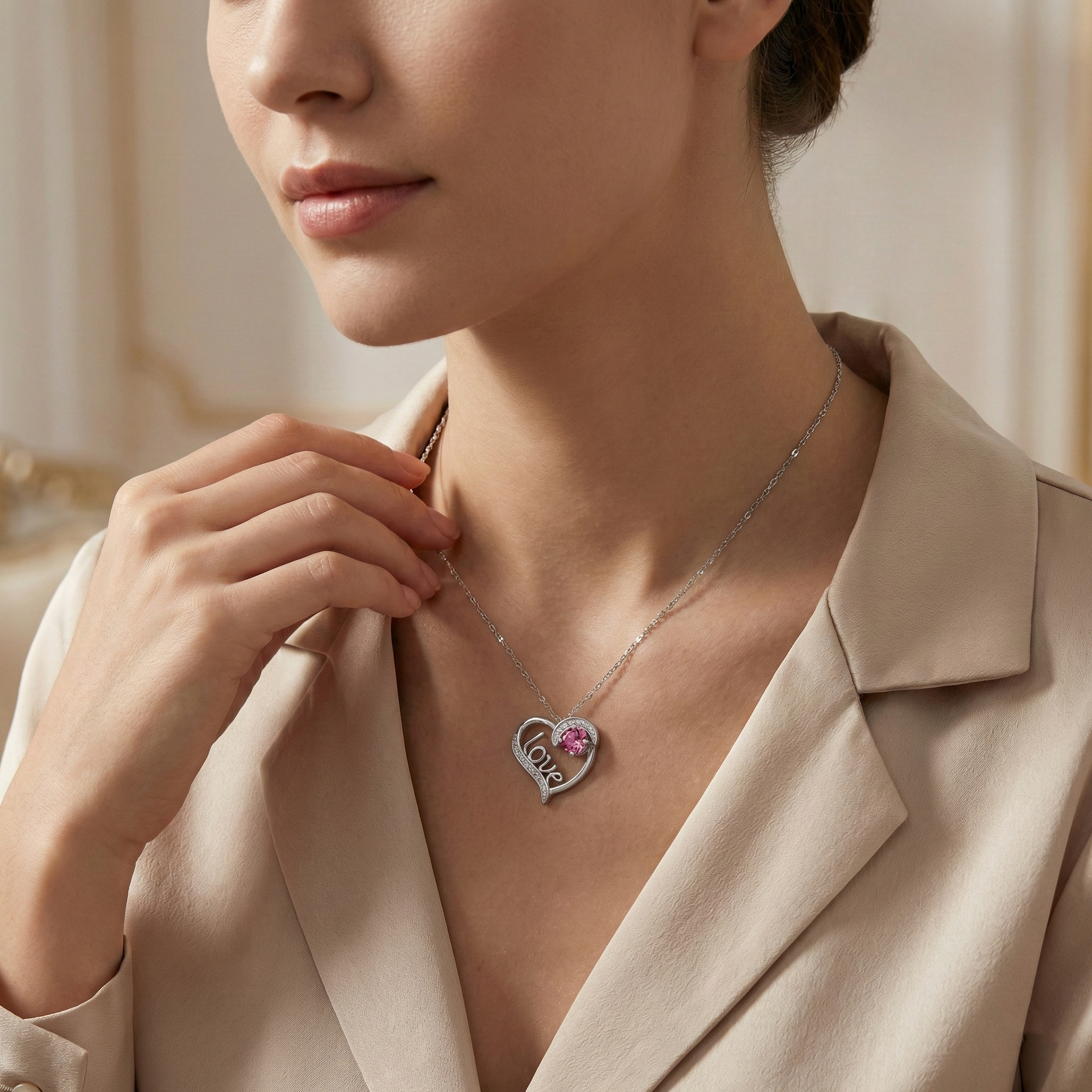 Pink Gemstone & Diamond “Love” Heart Necklace in White Gold | 3.42 Carat | Saleh Sallom-Saleh Sallom