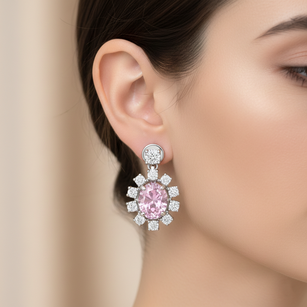 Pink Gemstone & Diamond Floral Drop Earrings in 18K White Gold-Saleh Sallom