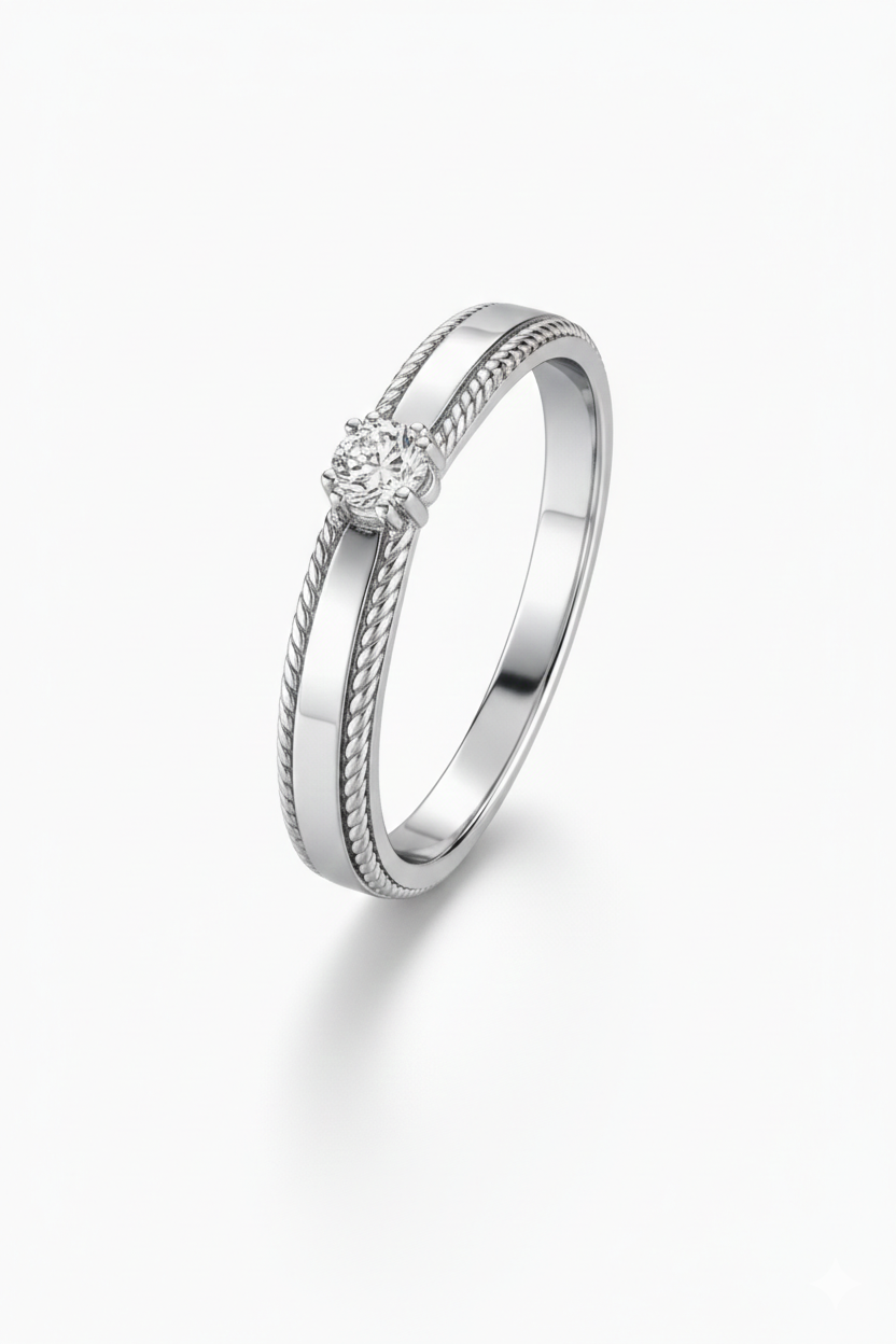 Classic Rope-Edge Solitaire Diamond Ring  White Gold with Natural Diamond-Saleh Sallom