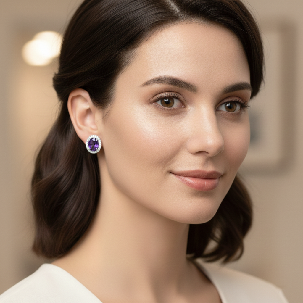 Color-Change Lab-Grown Sapphire & Lab-Grown Diamond Halo Earrings in 18K White Gold – IGI Certified-Saleh Sallom