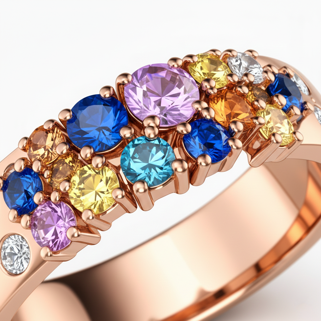 Multicolor Gemstone & Diamond Band Ring in 18K Rose Gold-Saleh Sallom