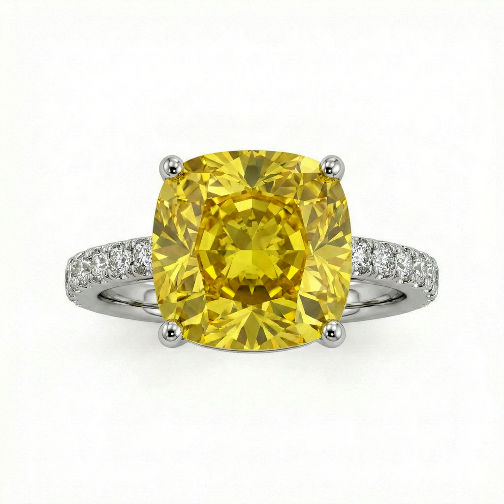 6.44 Carat Cushion-Cut Yellow Lab Sapphire Ring with Diamond Accents in 18K White Gold | Saleh Sallom-Saleh Sallom