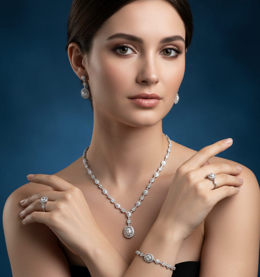 Royal Oval Halo American Diamond Jewelry Set Rhodium-Plated Sterling Silver-Saleh Sallom