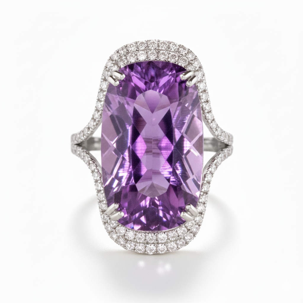 Purple Cushion Gemstone Ring with Diamond Halo-Saleh Sallom