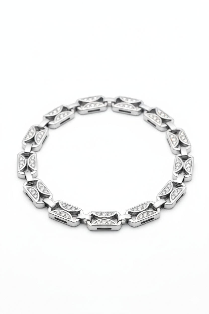 American Diamond Link Bracelet in Rhodium-Plated Sterling Silver-Saleh Sallom
