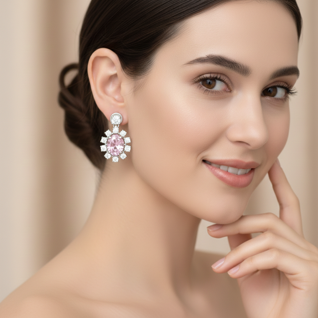 Pink Gemstone & Diamond Floral Drop Earrings in 18K White Gold-Saleh Sallom
