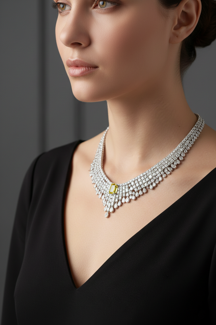 Yellow Emerald-Cut Center Stone & Pear Drop American Diamond Choker in Rhodium-Plated Sterling Silver Secondary image