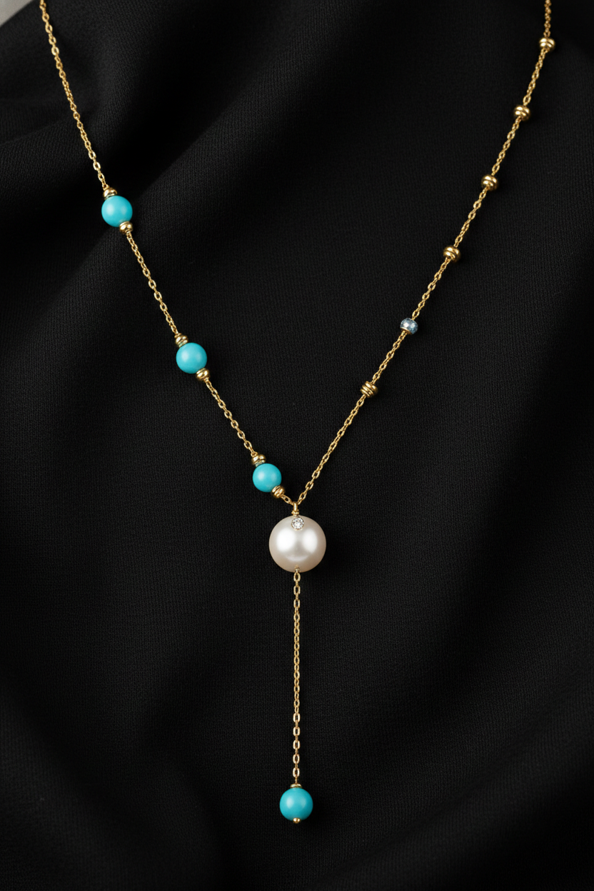 An elegant gold necklace designed with refined detailing and soft color accents.