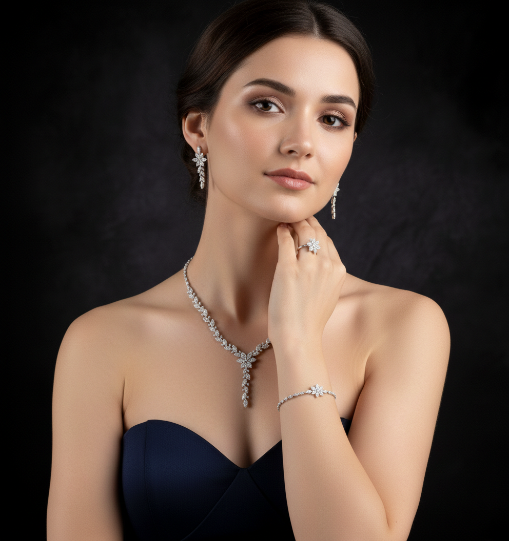 Floral American Diamond Jewelry Set in Rhodium-Plated Sterling Silver-Saleh Sallom