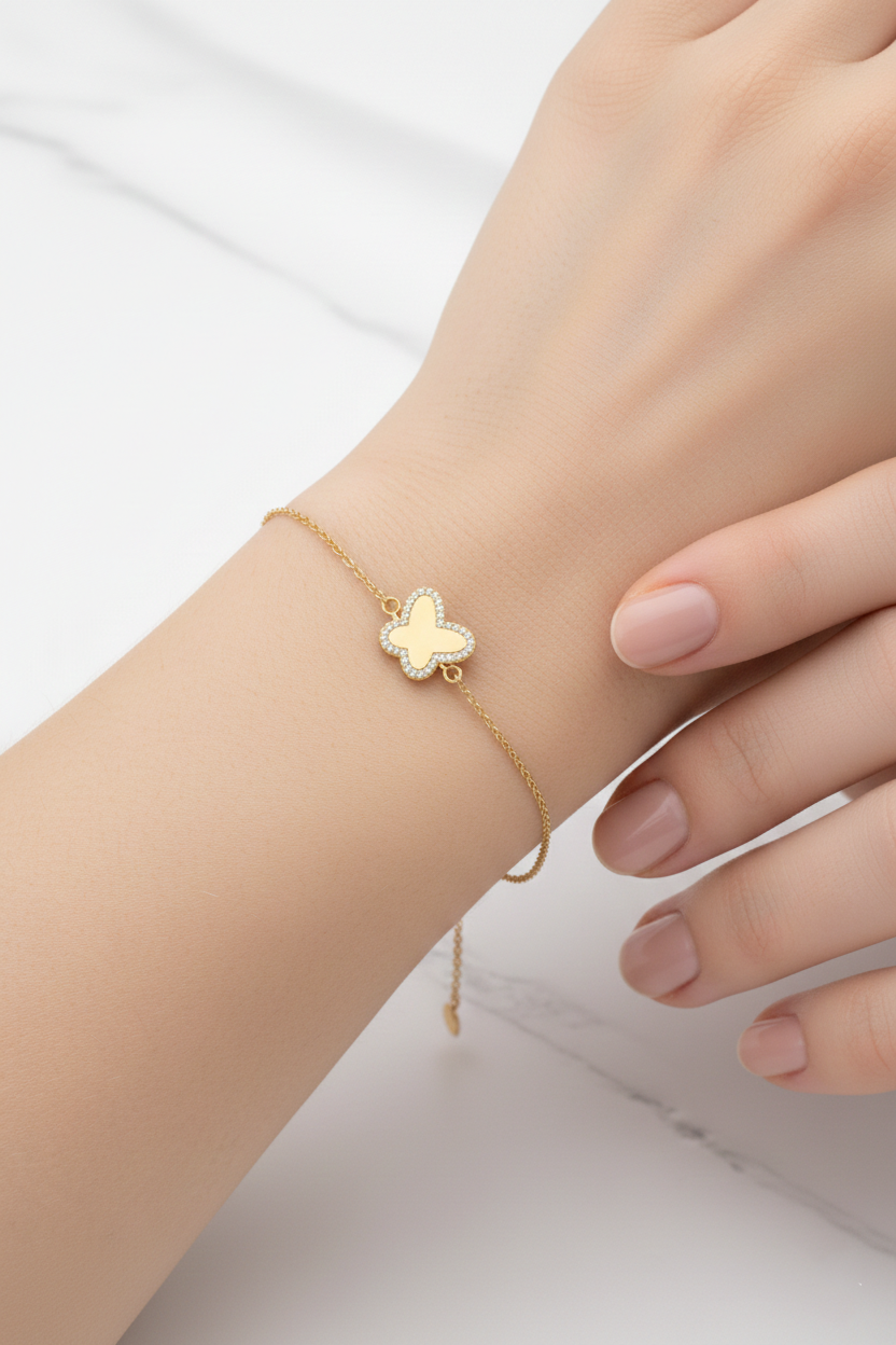 Butterfly American Diamond Bracelet in Gold-Plated Sterling Silver-Saleh Sallom