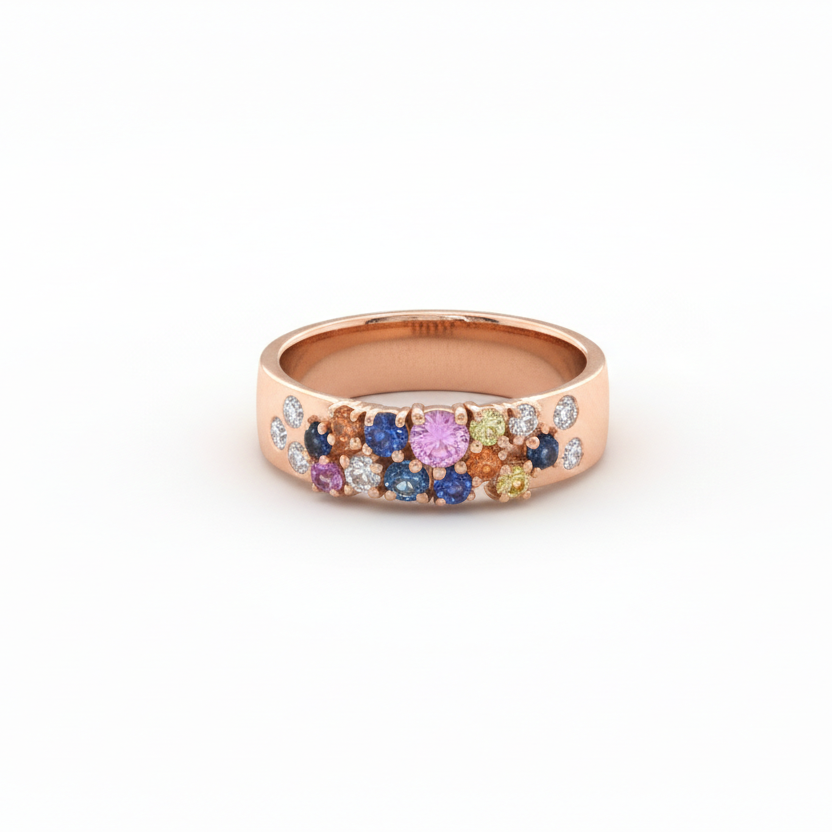 Multicolor Gemstone & Diamond Band Ring in 18K Rose Gold-Saleh Sallom