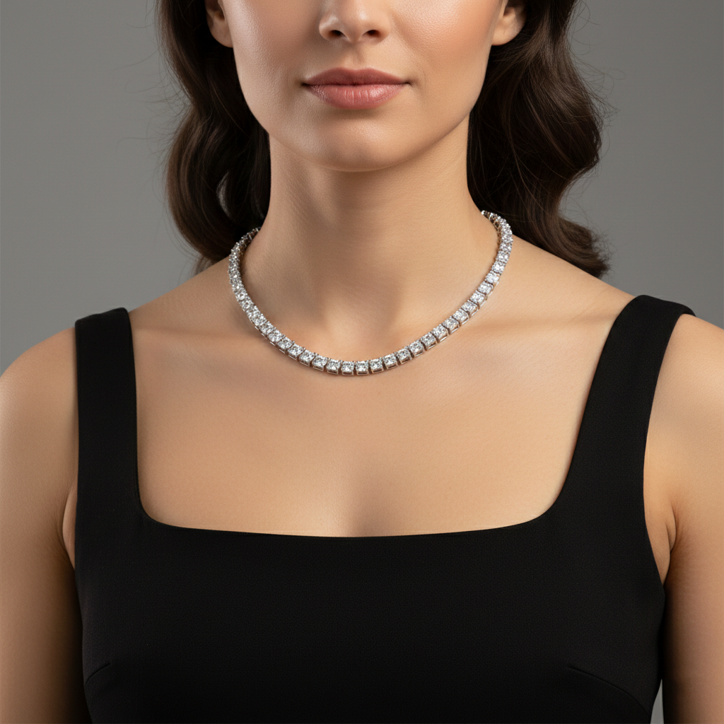 Round-Cut Lab-Created Diamond Tennis Necklace in 14K White Gold-Saleh Sallom