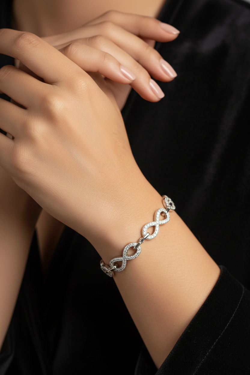Infinity Link American Diamond Bracelet in Rhodium-Plated Sterling Silver-Saleh Sallom