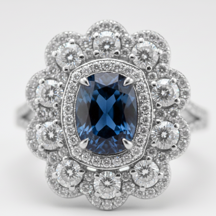 White Gold Diamond Halo Ring with Deep Blue Center Stone – IGI Certified-Saleh Sallom Main image