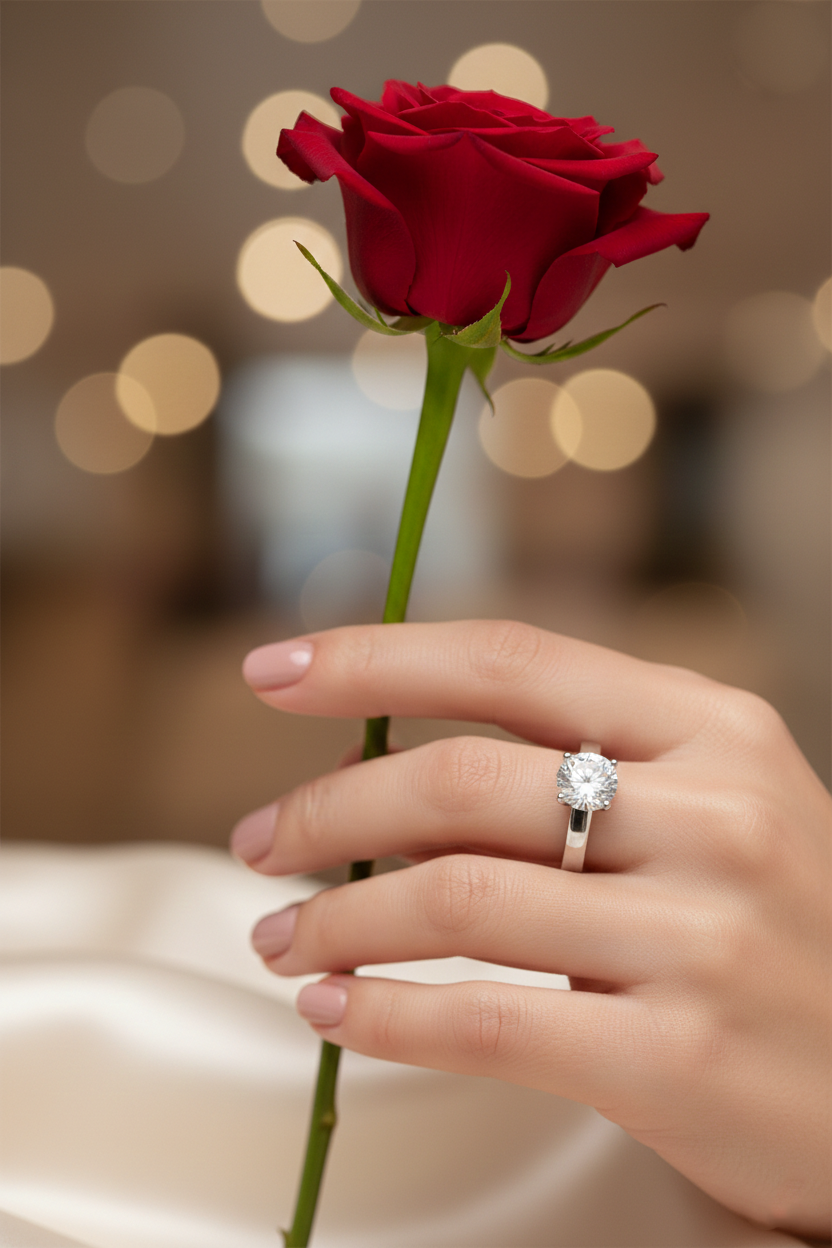 American Diamond Solitaire Ring in Rhodium-Plated Sterling Silver-Saleh Sallom