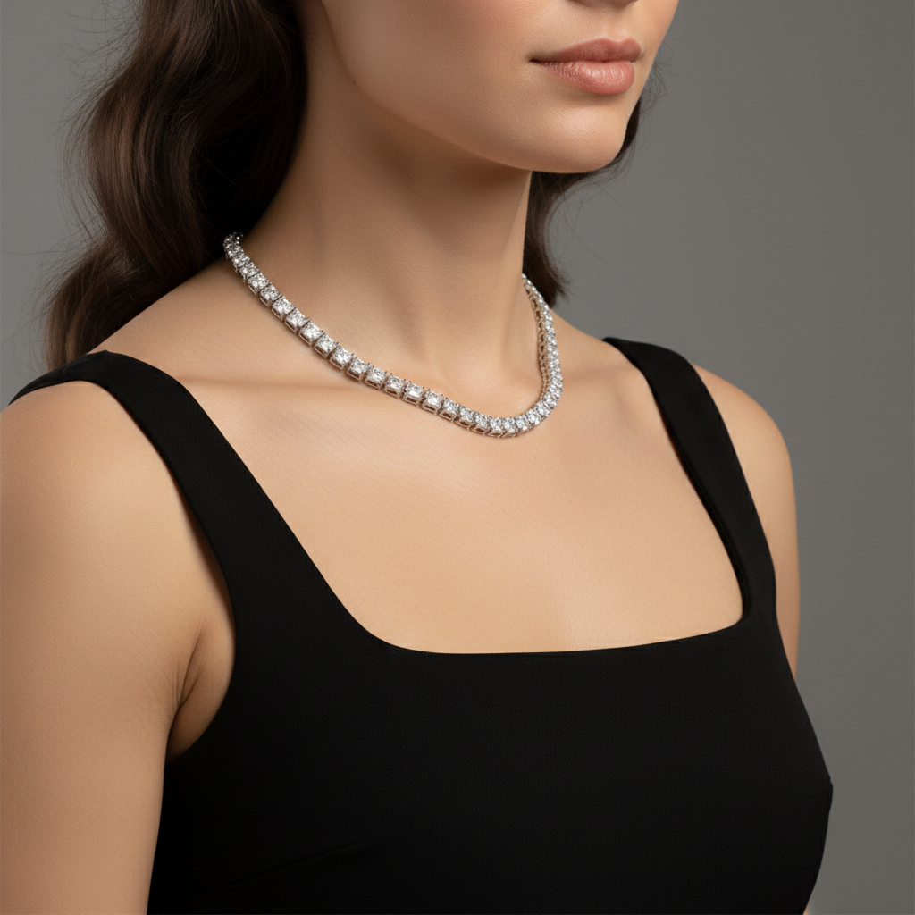 Round-Cut Lab-Created Diamond Tennis Necklace in 14K White Gold-Saleh Sallom