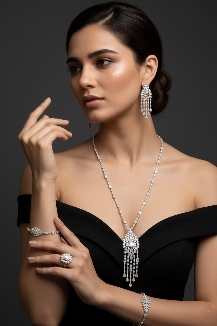 Imperial Cascade American Diamond Jewelry Set Rhodium-Plated Sterling Silver-Saleh Sallom