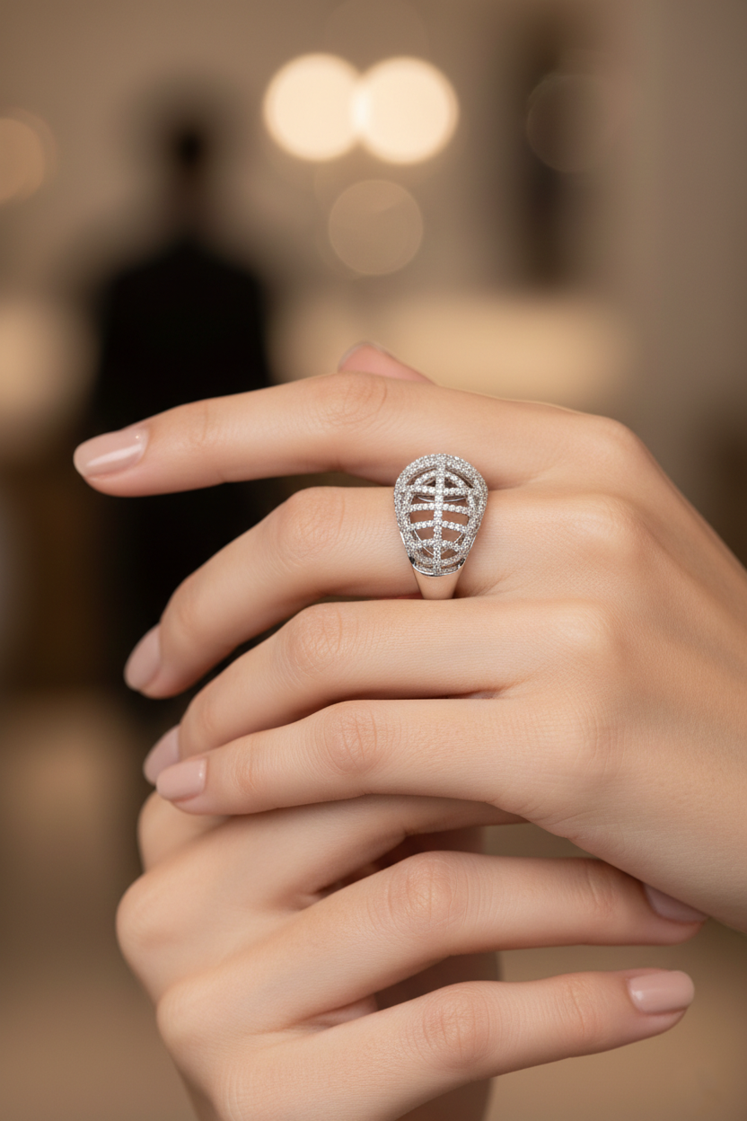 American Diamond Openwork Dome Ring in Rhodium-Plated Sterling Silver-Saleh Sallom