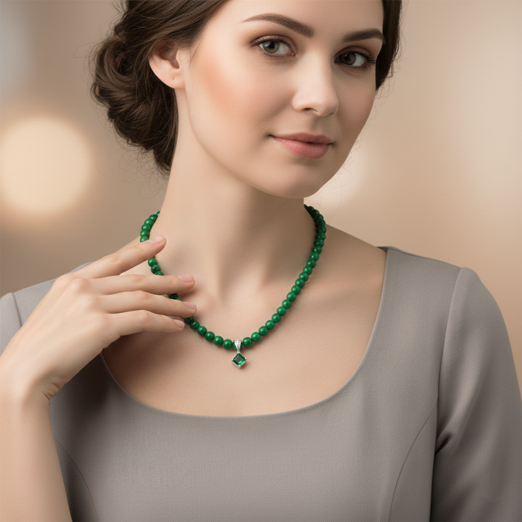 Green Bead Necklace with Square-Cut Green Gem Pendant in 18K White Gold Secondary image