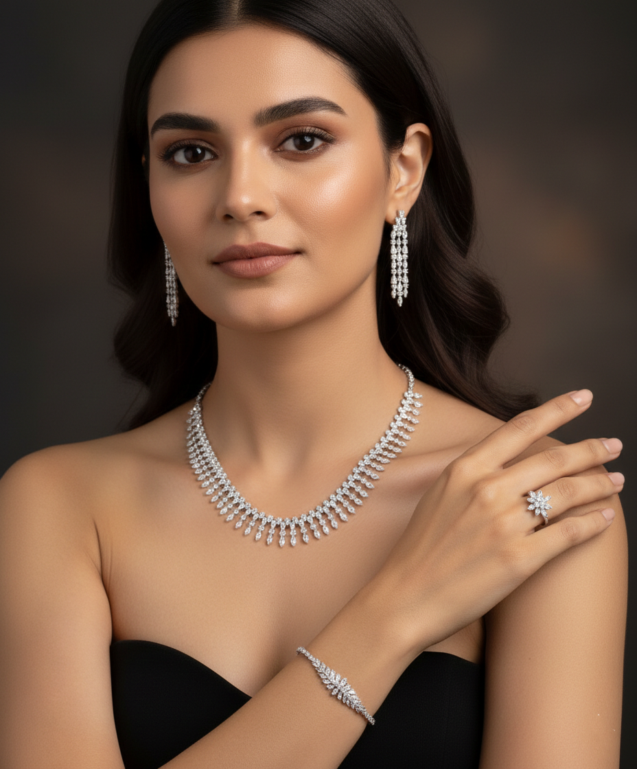 Leaf Elegance American Diamond Jewelry Set Rhodium-Plated Sterling Silver-Saleh Sallom