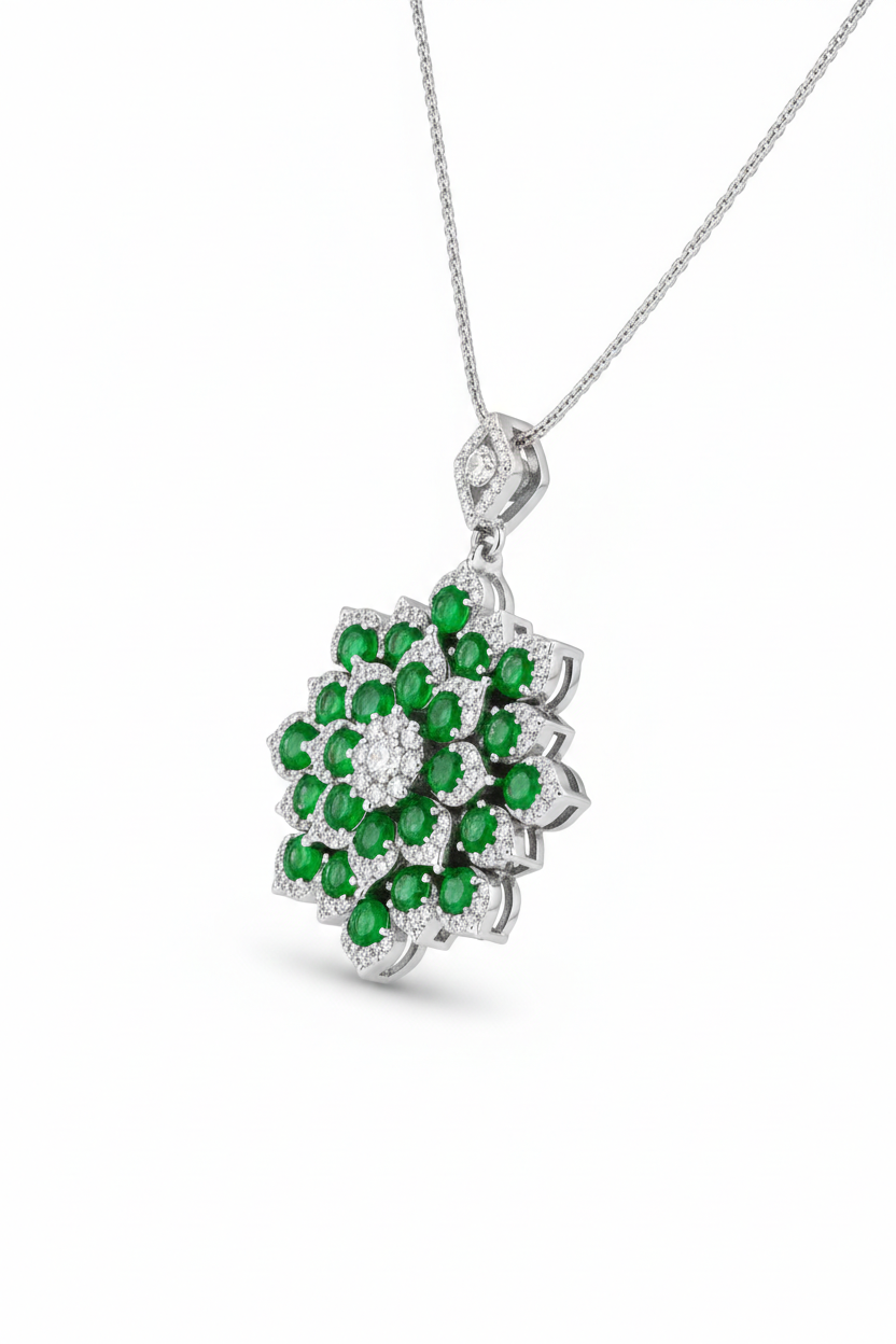 Floral Green Stone Cluster Pendant with American Diamonds in Rhodium-Plated Sterling Silver-Saleh Sallom