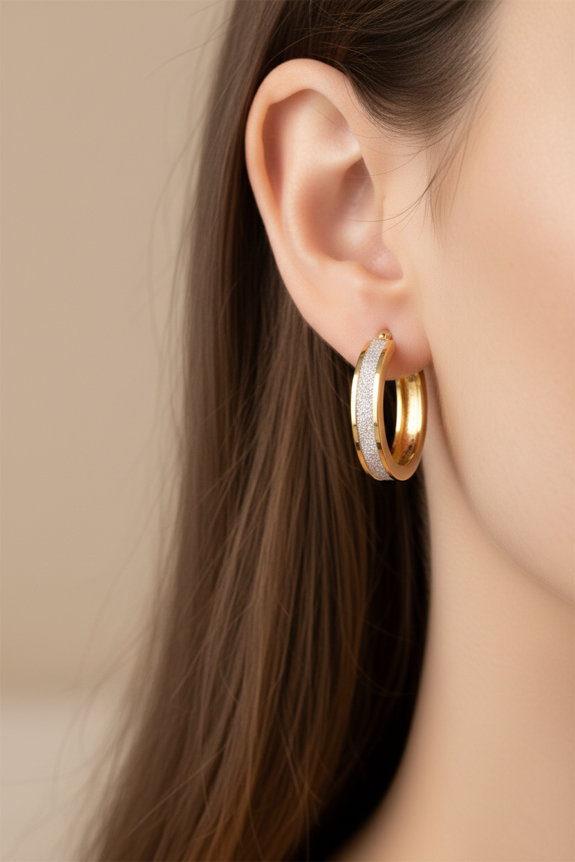 Gold Hoop Earrings with Diamond-Dust Center Inlay-Saleh Sallom