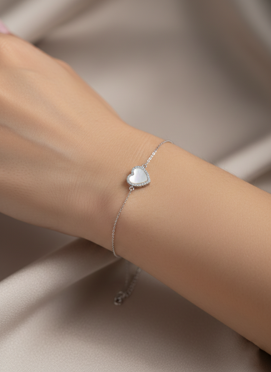 Heart American Diamond Bracelet in Rhodium-Plated Sterling Silver-Saleh Sallom