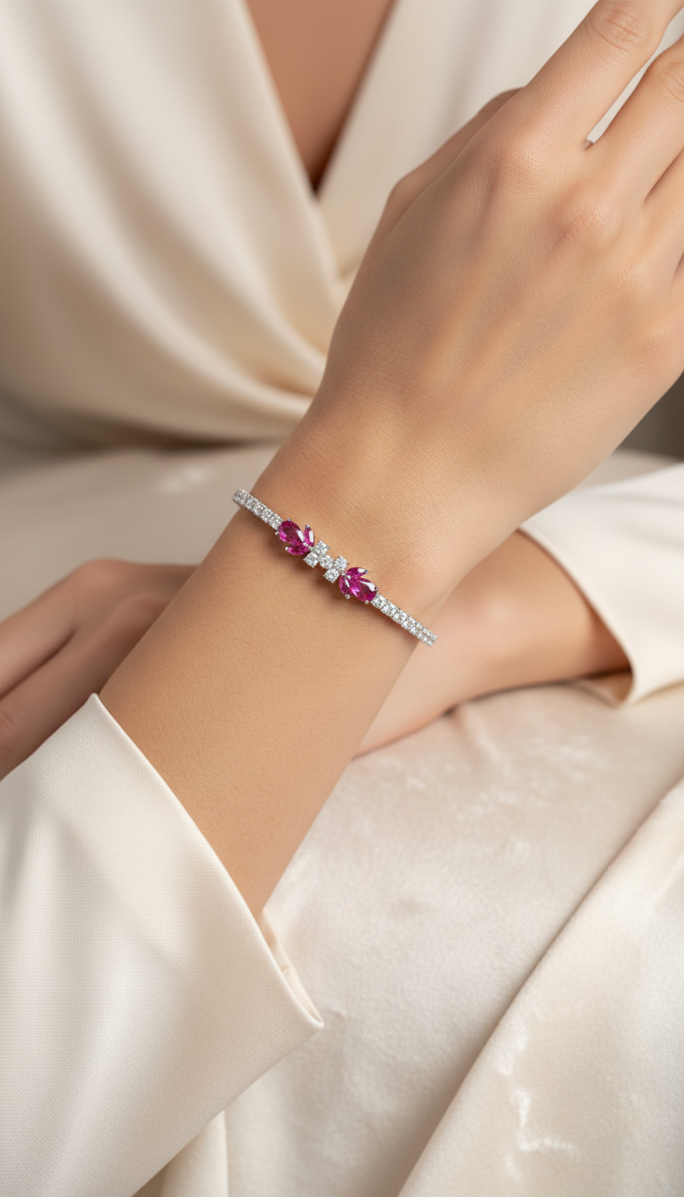 Pink Pear-Cut American Diamond Tennis Bracelet in Rhodium-Plated Sterling Silver-Saleh Sallom