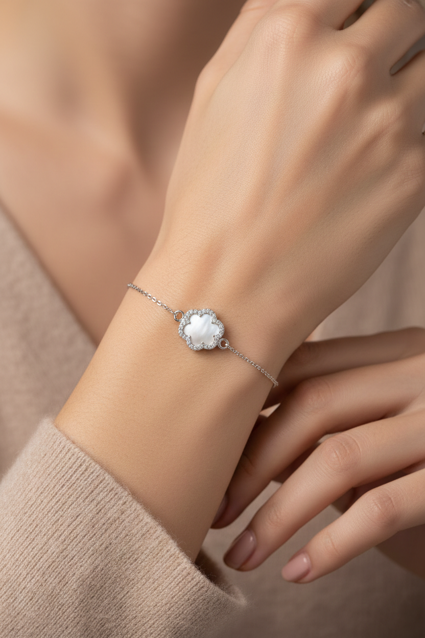 Floral American Diamond Bracelet in Rhodium-Plated Sterling Silver-Saleh Sallom