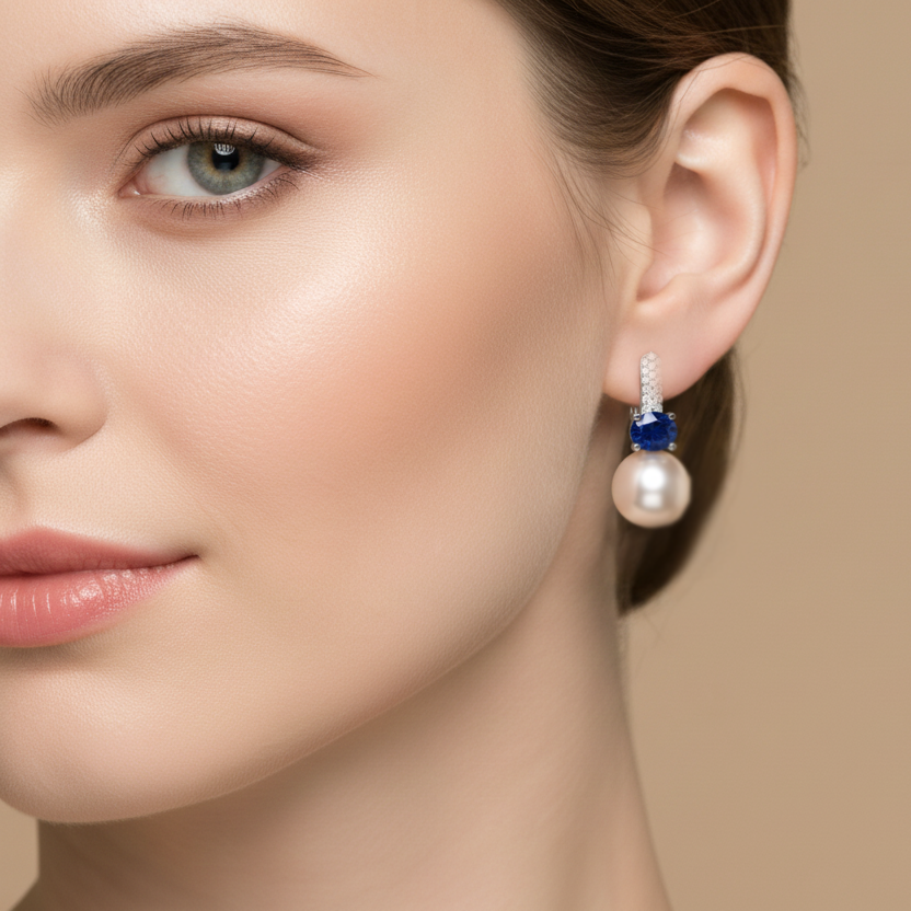 Kyanite, Diamond & Pearl Drop Earrings in 18K White Gold – IGI Certified-Saleh Sallom