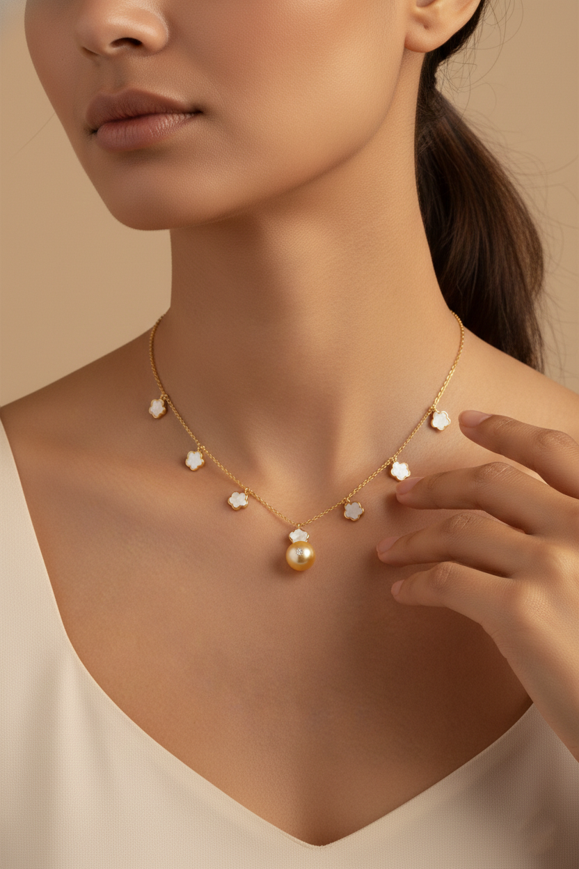 Diamond & Pearl Clover Necklace in 18K Yellow Gold-Saleh Sallom
