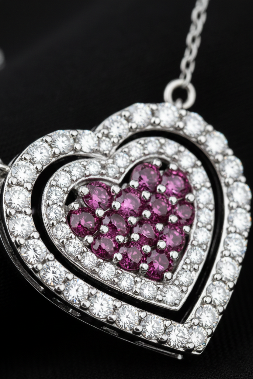 White Gold Heart Necklace with Natural Diamonds & Pink Sapphires (IGI Certified)-Saleh Sallom