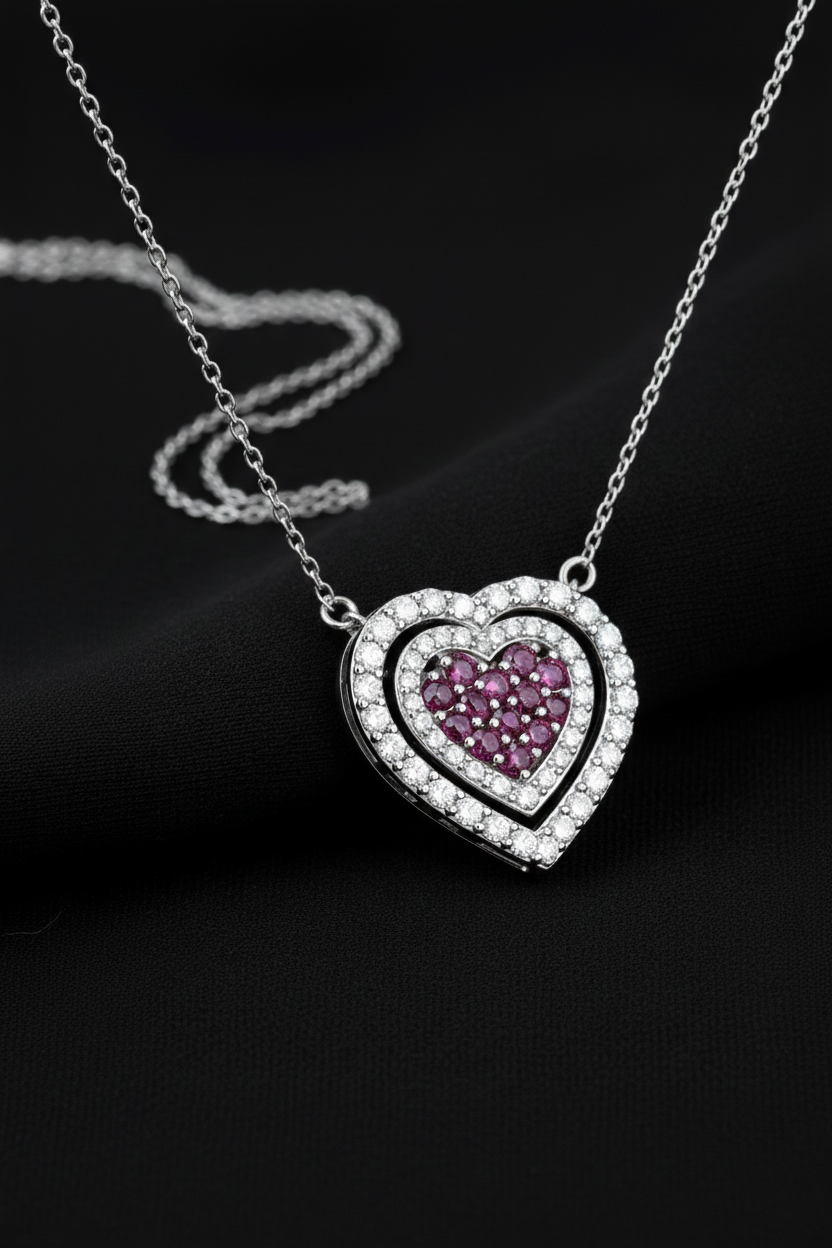 White Gold Heart Necklace with Natural Diamonds & Pink Sapphires (IGI Certified)-Saleh Sallom