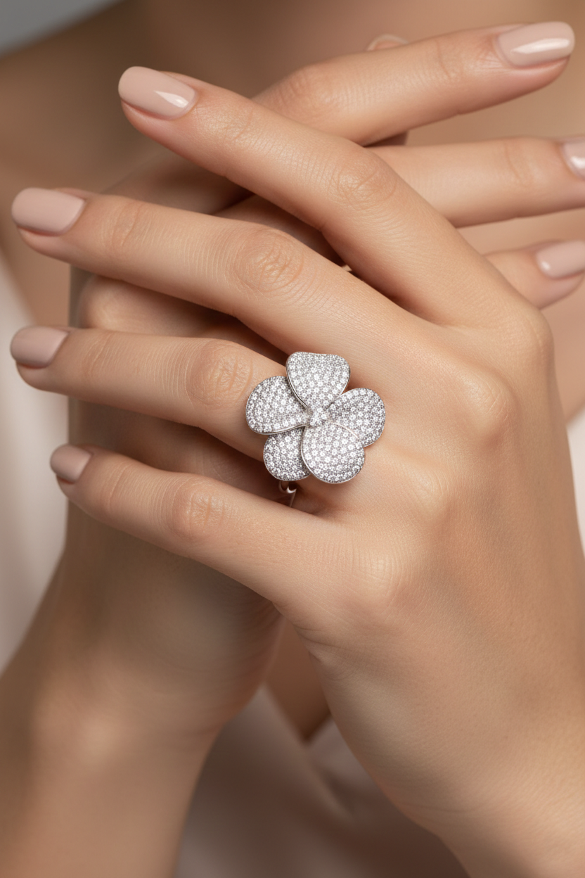 American Diamond Floral Pavé Ring in Rhodium-Plated Sterling Silver-Saleh Sallom