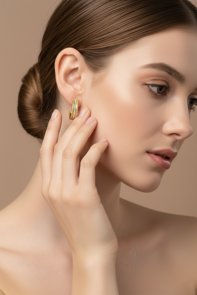 Gold-Plated Textured Hoop Earrings with Diamond-Dust Center Strip Secondary image