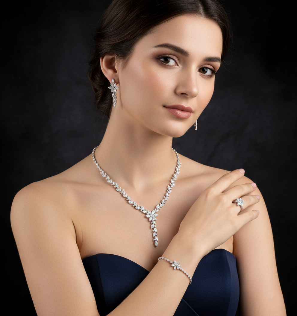 Floral American Diamond Jewelry Set in Rhodium-Plated Sterling Silver-Saleh Sallom