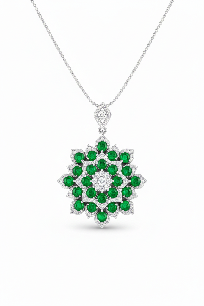 Floral Green Stone Cluster Pendant with American Diamonds in Rhodium-Plated Sterling Silver-Saleh Sallom
