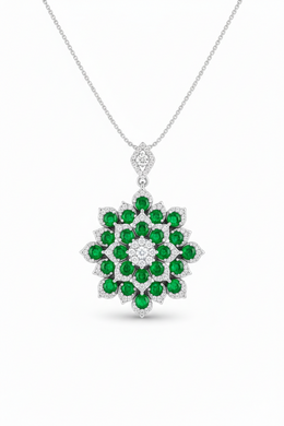 Floral Green Stone Cluster Pendant with American Diamonds in Rhodium-Plated Sterling Silver-Saleh Sallom