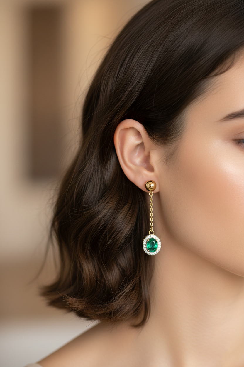 Emerald & Diamond Drop Earrings in 18K Yellow Gold
