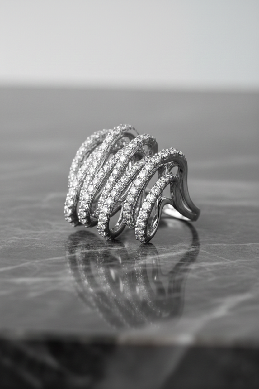 American Diamond Multi-Row Wave Ring in Rhodium-Plated Sterling Silver-Saleh Sallom