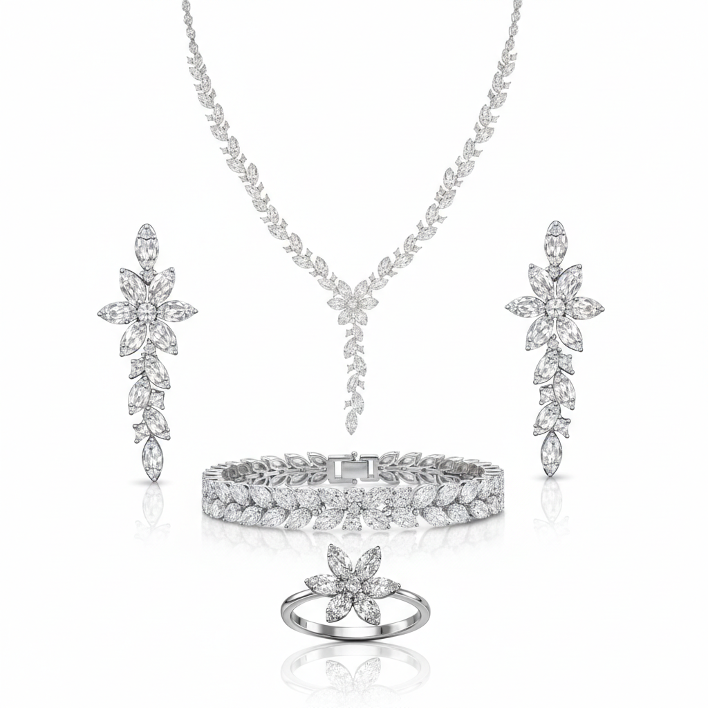 Floral American Diamond Jewelry Set in Rhodium-Plated Sterling Silver-Saleh Sallom Main image