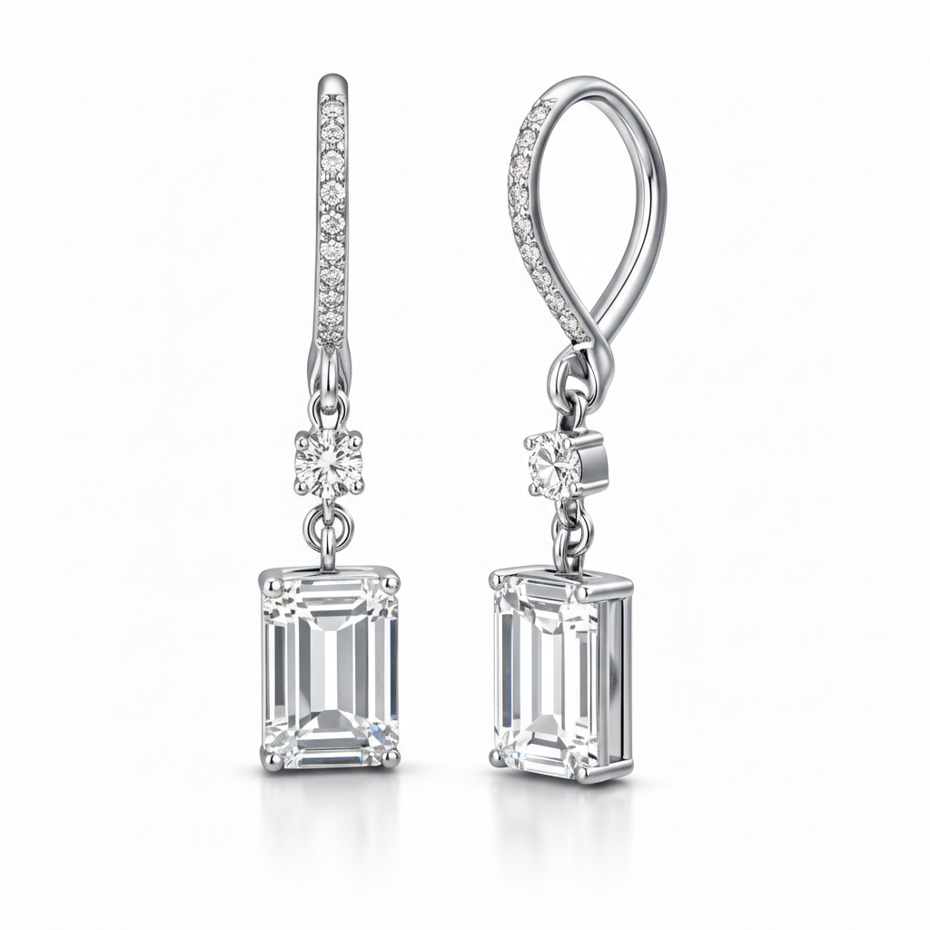 Emerald-Cut Lab-Grown Diamond Drop Earrings in 14K White Gold-Saleh Sallom
