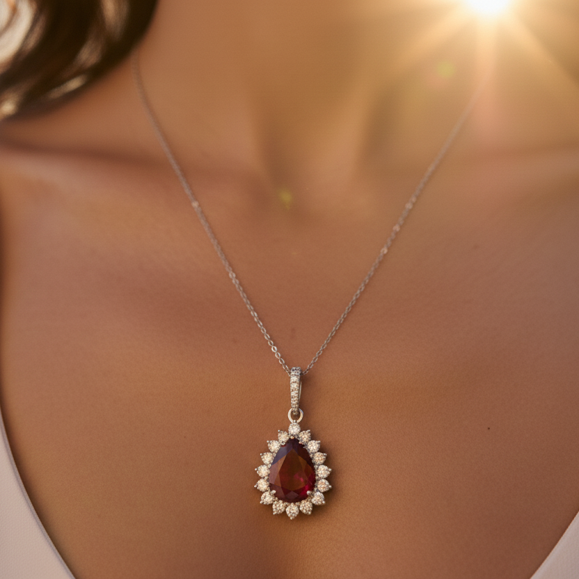 Pear-Shaped Ruby & Diamond Halo Necklace in 18K White Gold-Saleh Sallom