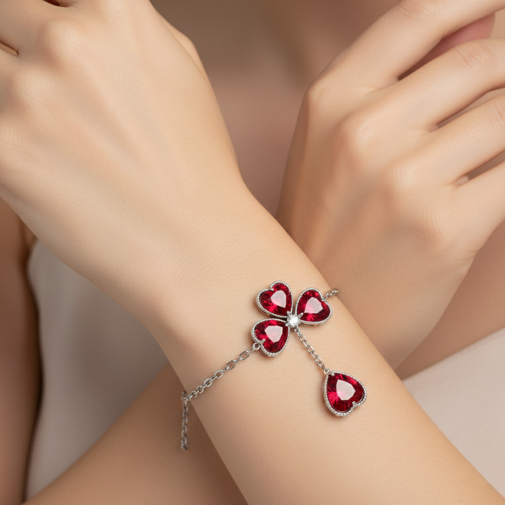 Red Heart Gemstone Clover Bracelet in White Gold | Romantic Luxury | Saleh Sallom-Saleh Sallom