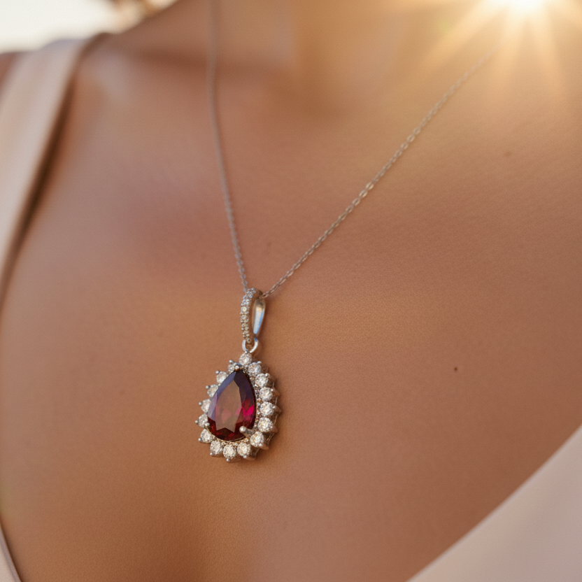 Pear-Shaped Ruby & Diamond Halo Necklace in 18K White Gold-Saleh Sallom