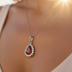 Pear-Shaped Ruby & Diamond Halo Necklace in 18K White Gold-Saleh Sallom